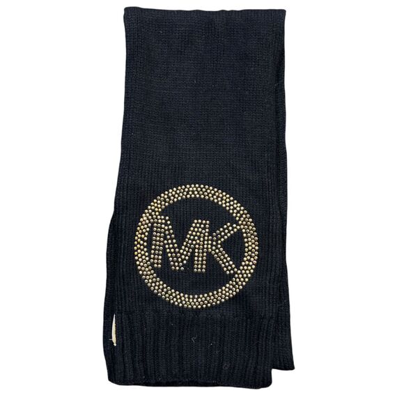 Michael Kors Winter Knitted Scarf Women's One Size Black MK Logo Gold Studded - Picture 1 of 6